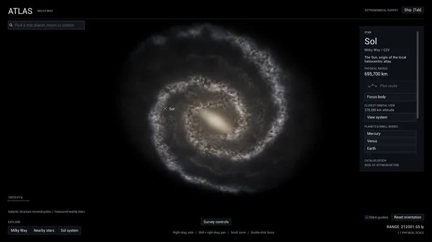 The galactic Atlas showing the Milky Way with Sol selected