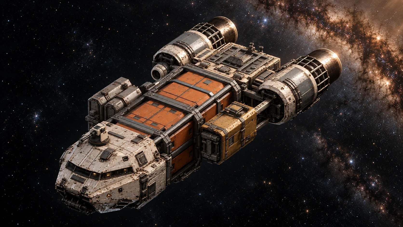 Frontier Intelligence cinematic art: a weathered cargo ship called the Clunker drifts against the Milky Way