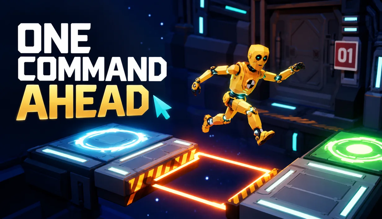 One Command Ahead key art: a golden robot leaps across a glowing gap in a sci-fi training bay