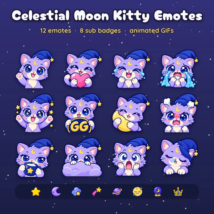 A grid of twelve Celestial Moon Kitty emotes and eight sub badges