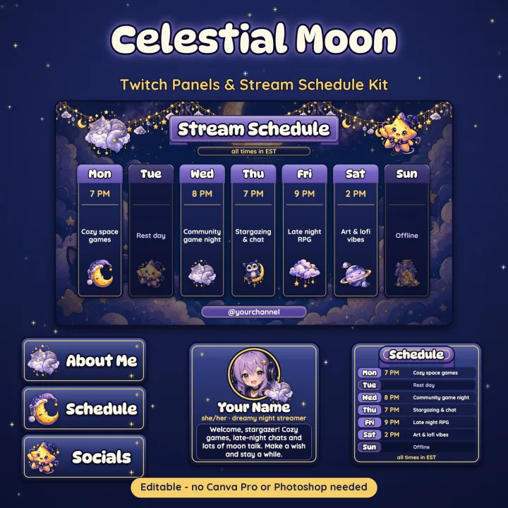 Celestial Moon channel panels and stream schedule kit