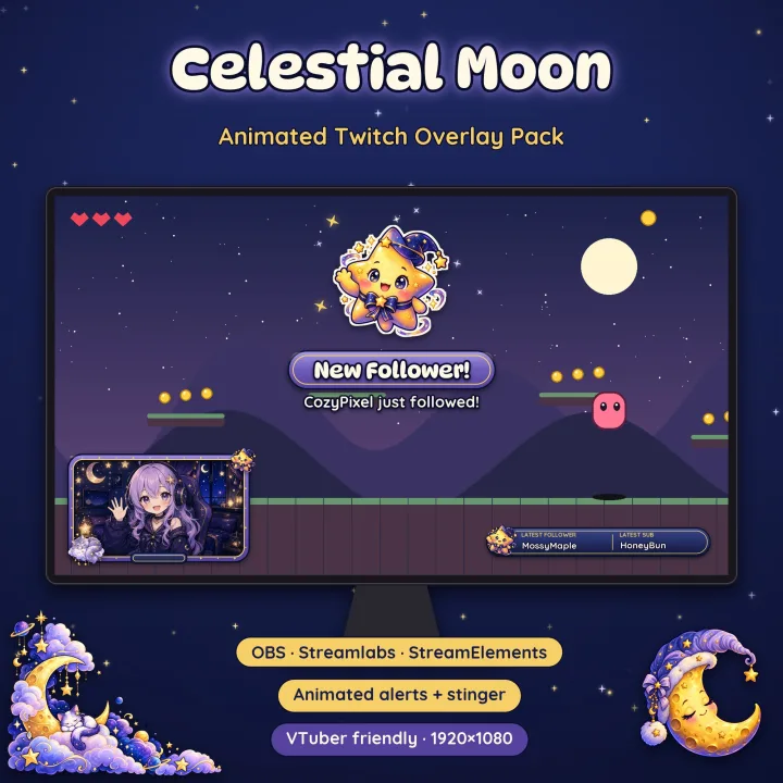 Celestial Moon animated overlay pack shown on a stream layout