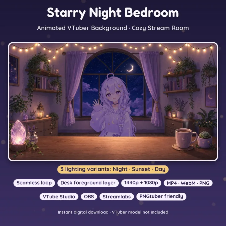 A starry night bedroom VTuber background with a desk in the foreground
